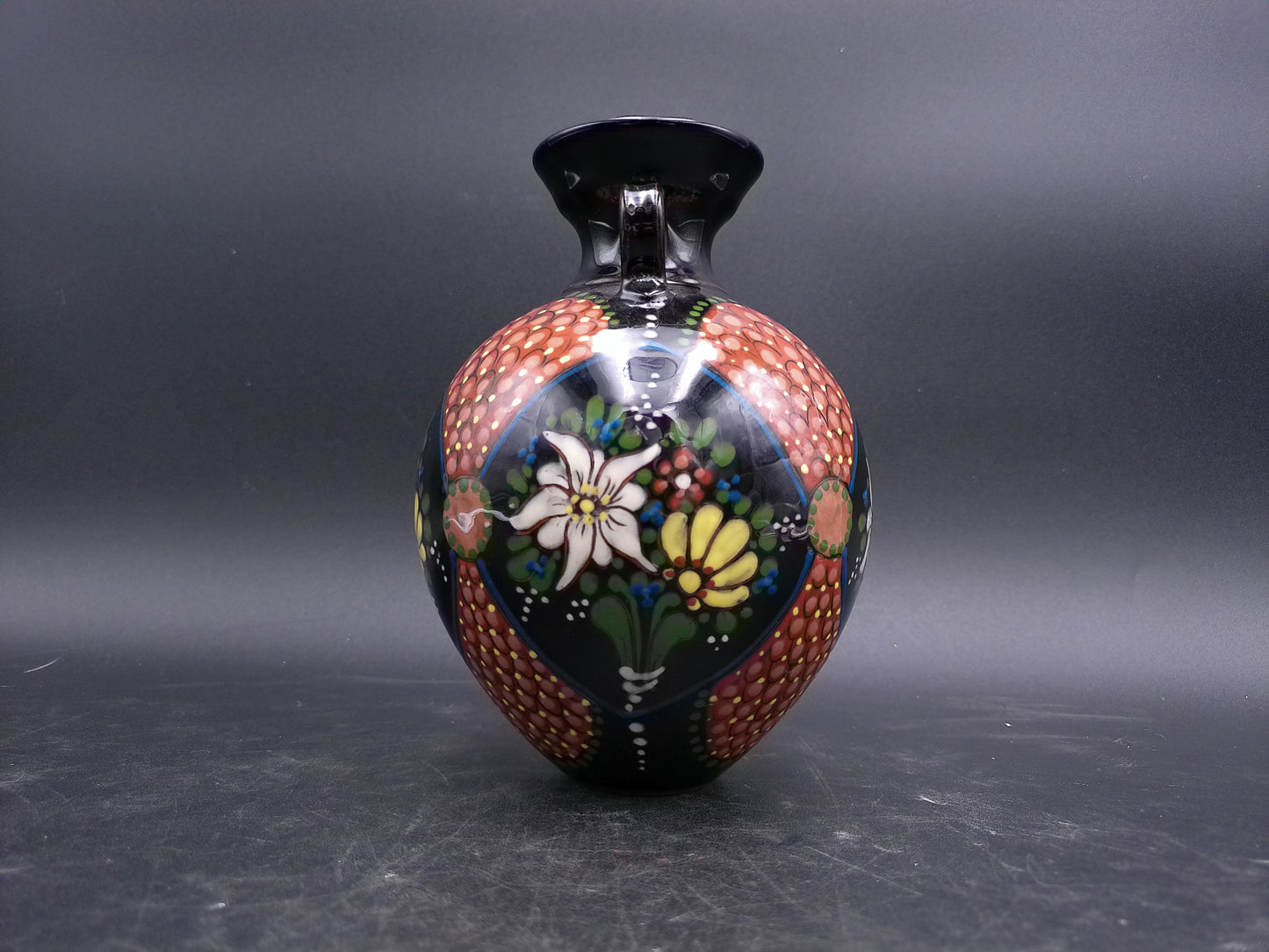 Japanese Cloisonne Black Enamel Beautiful Floral Design with Handles Small