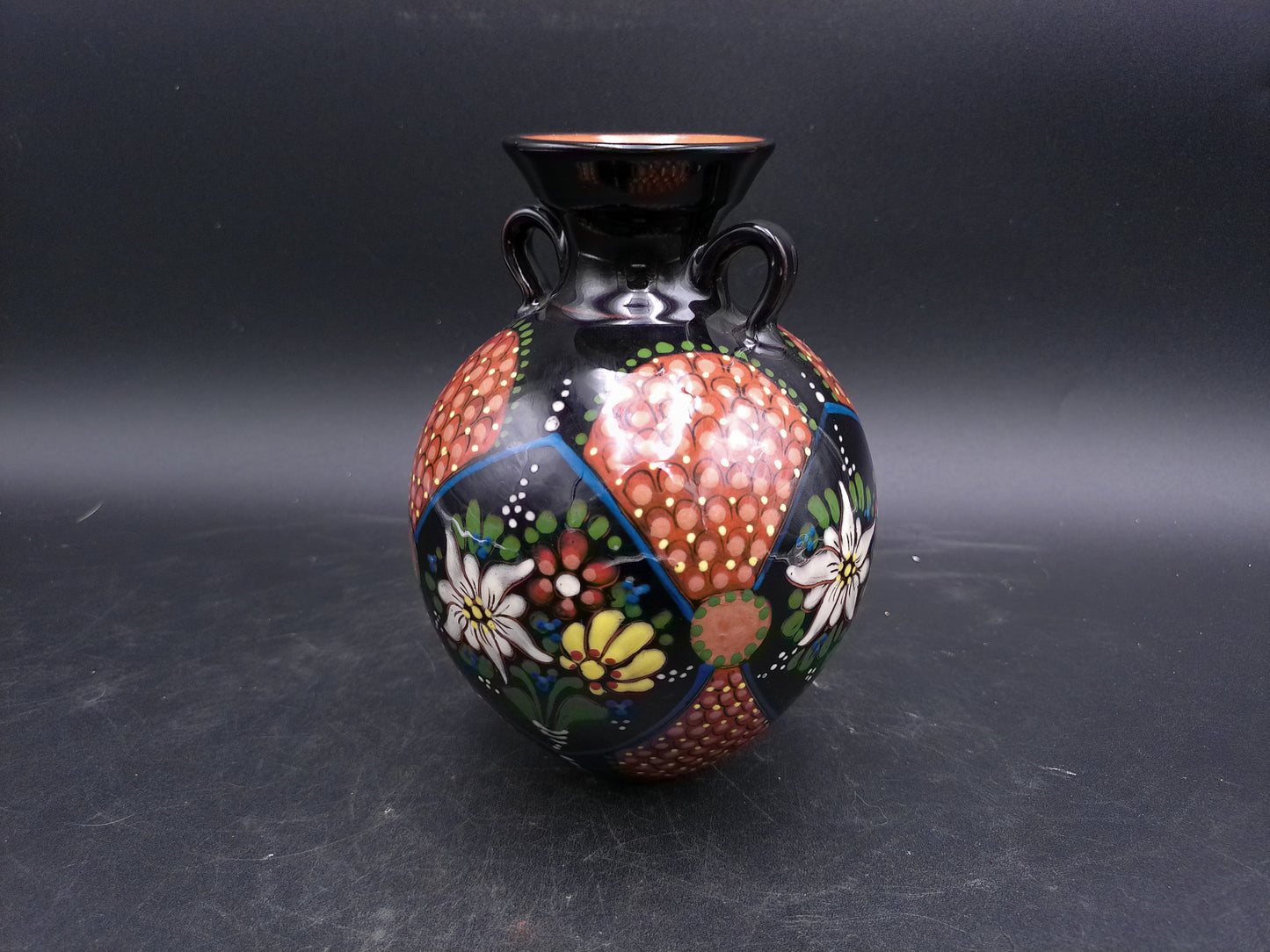 Japanese Cloisonne Black Enamel Beautiful Floral Design with Handles Small