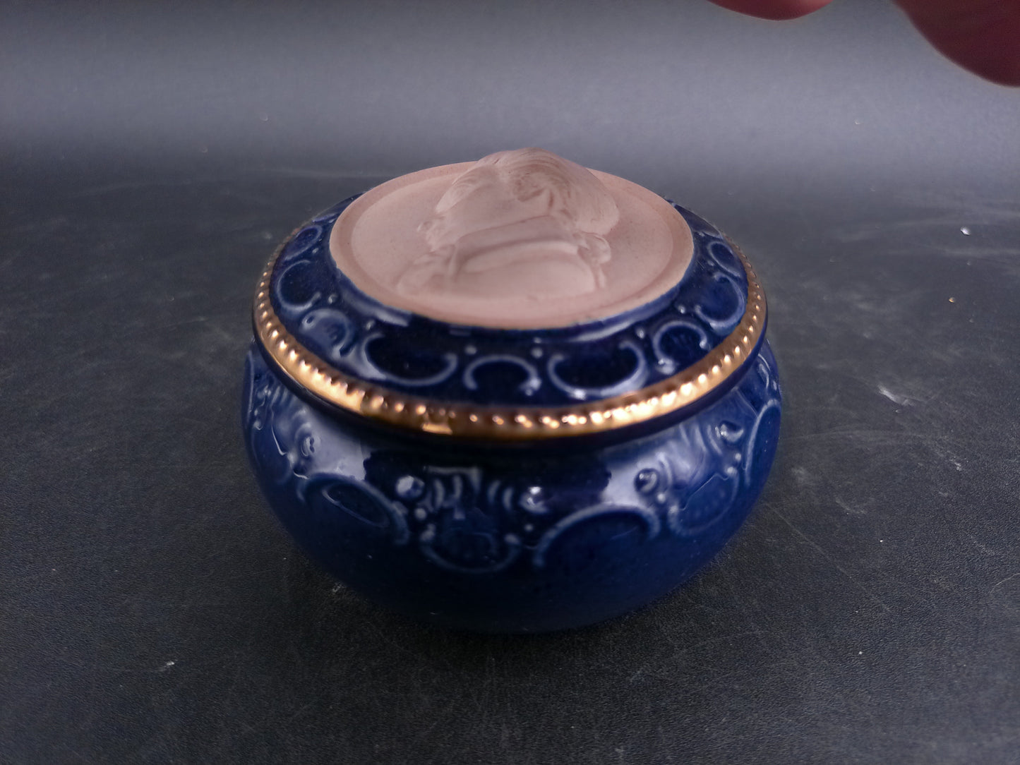 Trinket Bowl with Lid mall Hand Made Marked on Bottom Gold Rim Colonial Prortrait