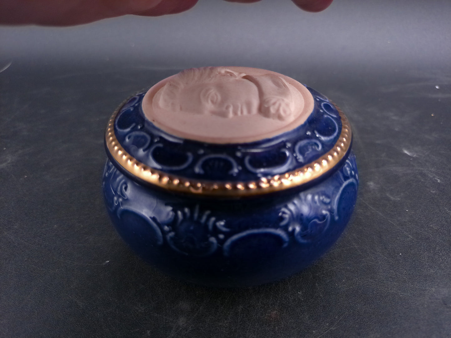 Trinket Bowl with Lid mall Hand Made Marked on Bottom Gold Rim Colonial Prortrait