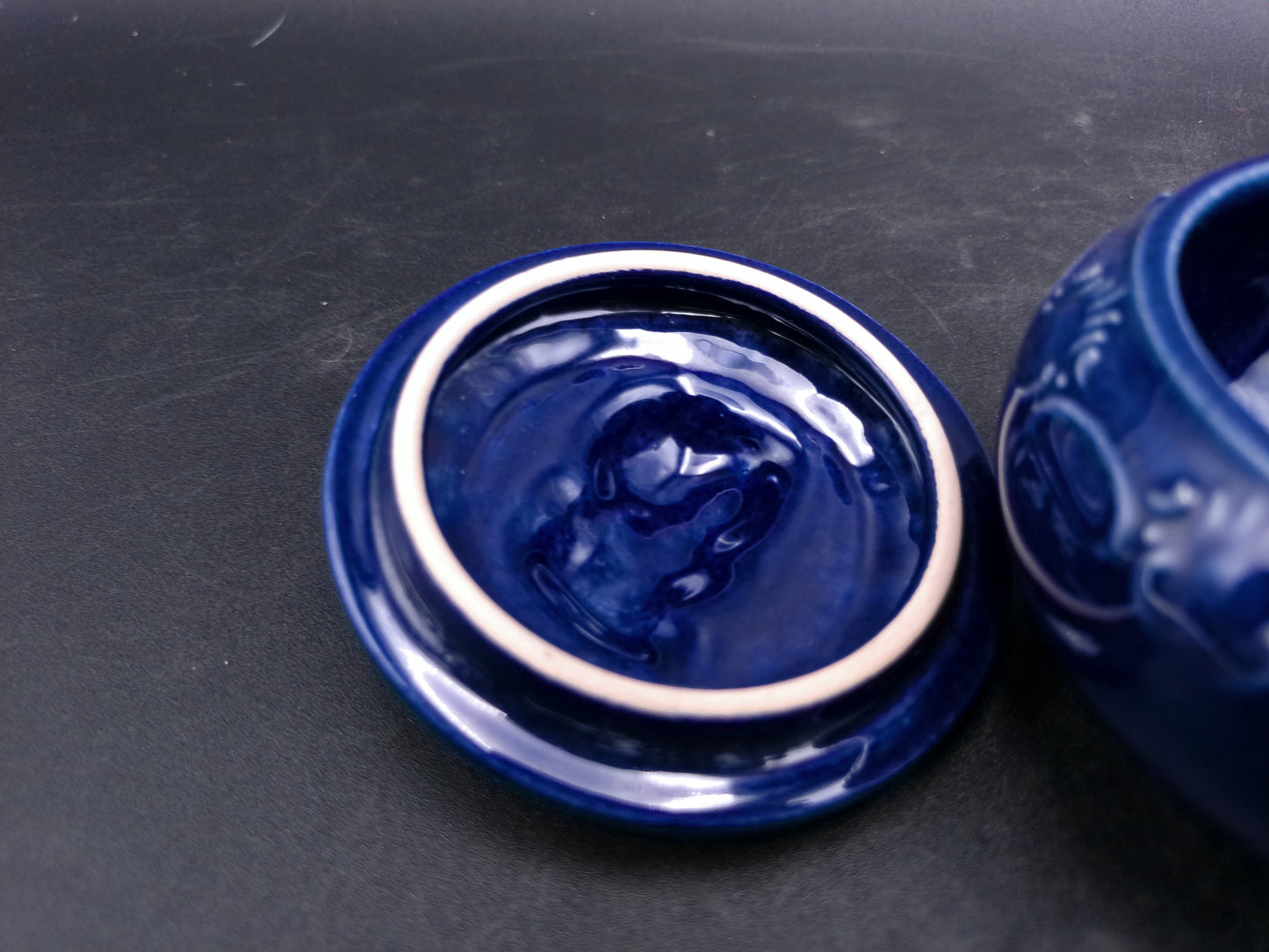 Trinket Bowl with Lid mall Hand Made Marked on Bottom Gold Rim Colonial Prortrait