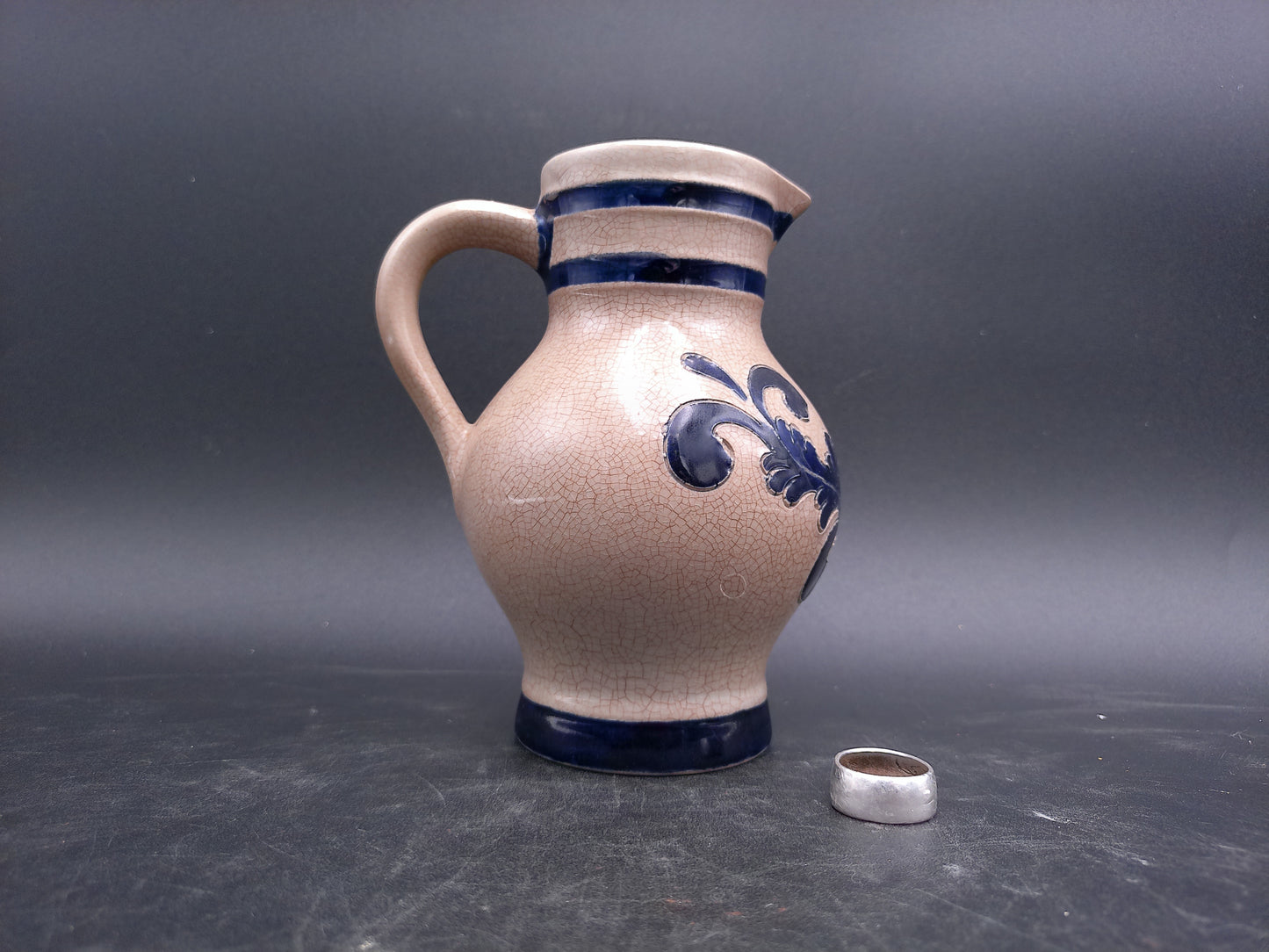 German Small Blue Gray Salt Glazed Flower Motif Stoneware Pitcher Jug