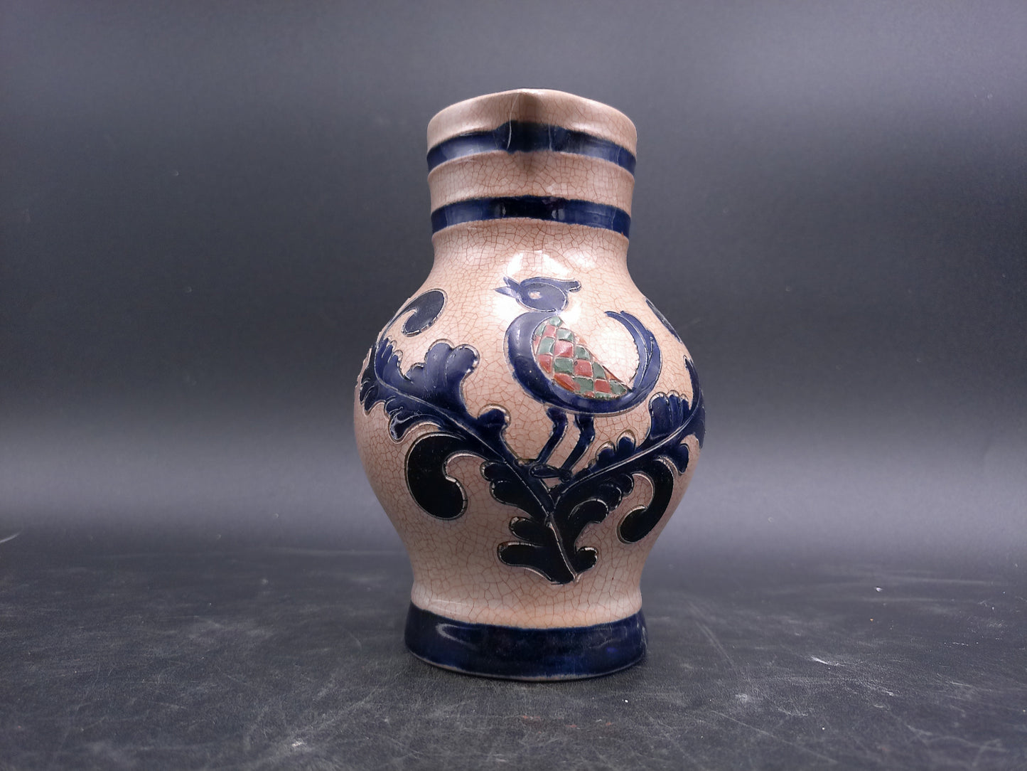 German Small Blue Gray Salt Glazed Flower Motif Stoneware Pitcher Jug
