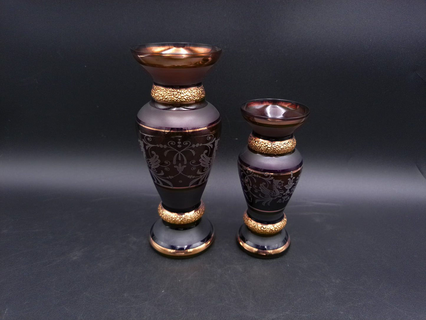 Bohemian Griffon Beautiful Art Glass Amethyst Vase Set of 2 with Gold Gilt