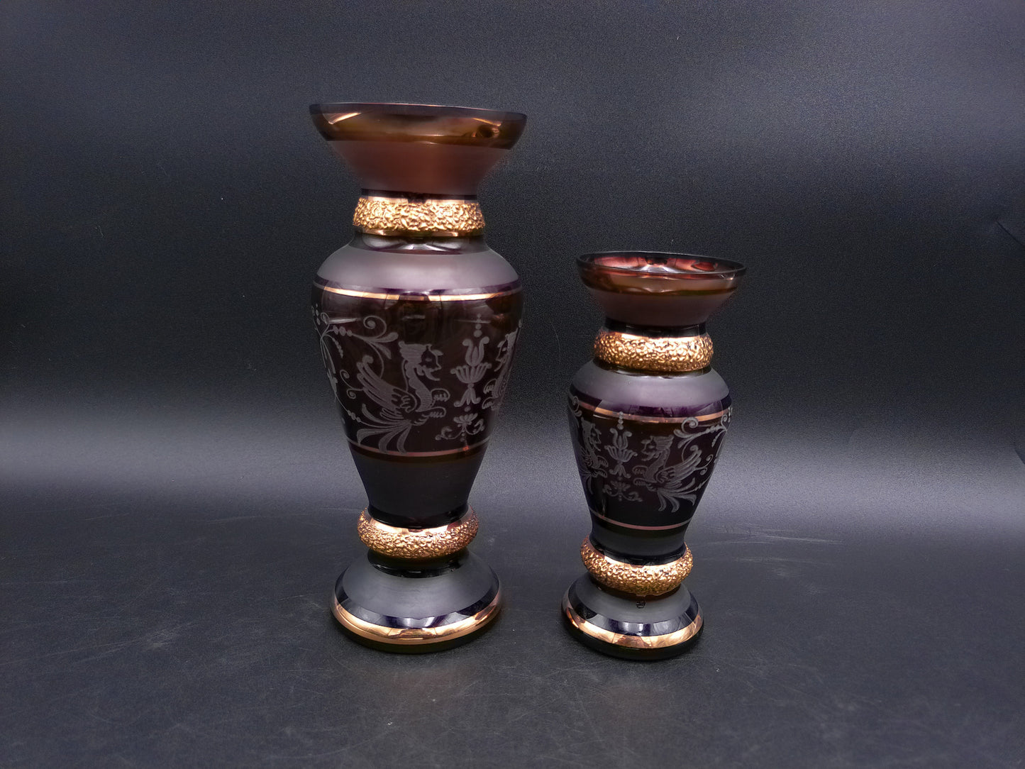 Bohemian Griffon Beautiful Art Glass Amethyst Vase Set of 2 with Gold Gilt