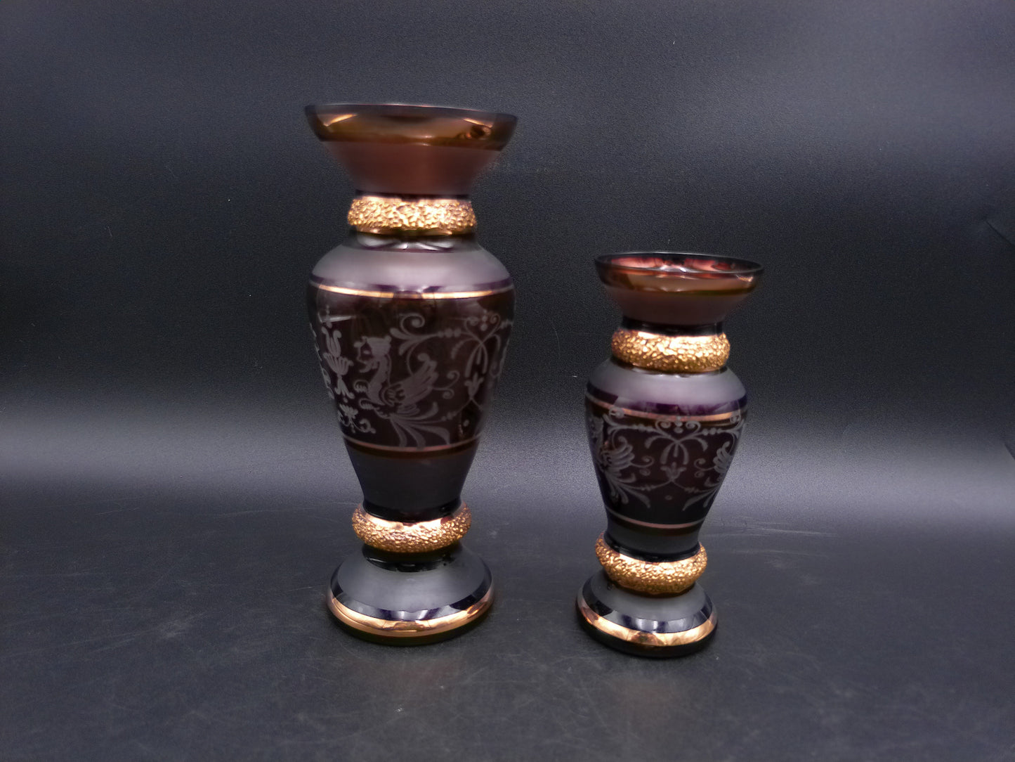 Bohemian Griffon Beautiful Art Glass Amethyst Vase Set of 2 with Gold Gilt