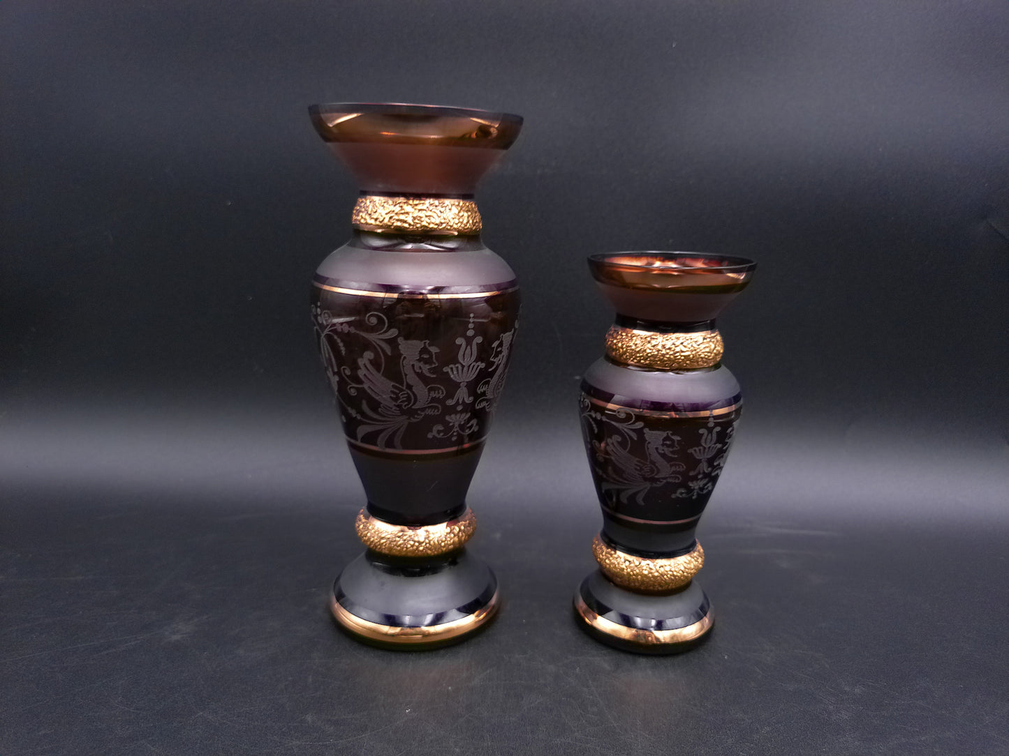 Bohemian Griffon Beautiful Art Glass Amethyst Vase Set of 2 with Gold Gilt