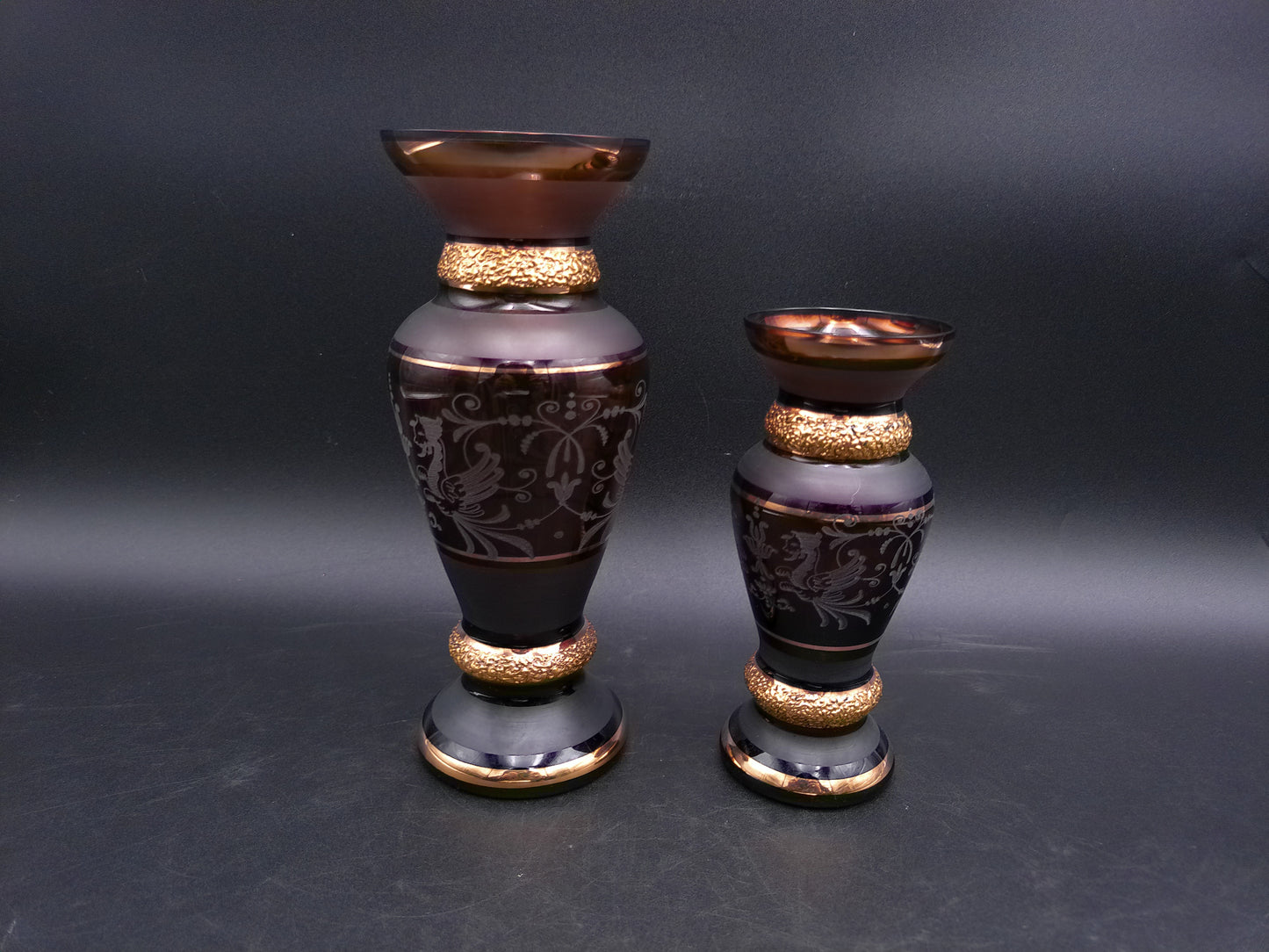 Bohemian Griffon Beautiful Art Glass Amethyst Vase Set of 2 with Gold Gilt