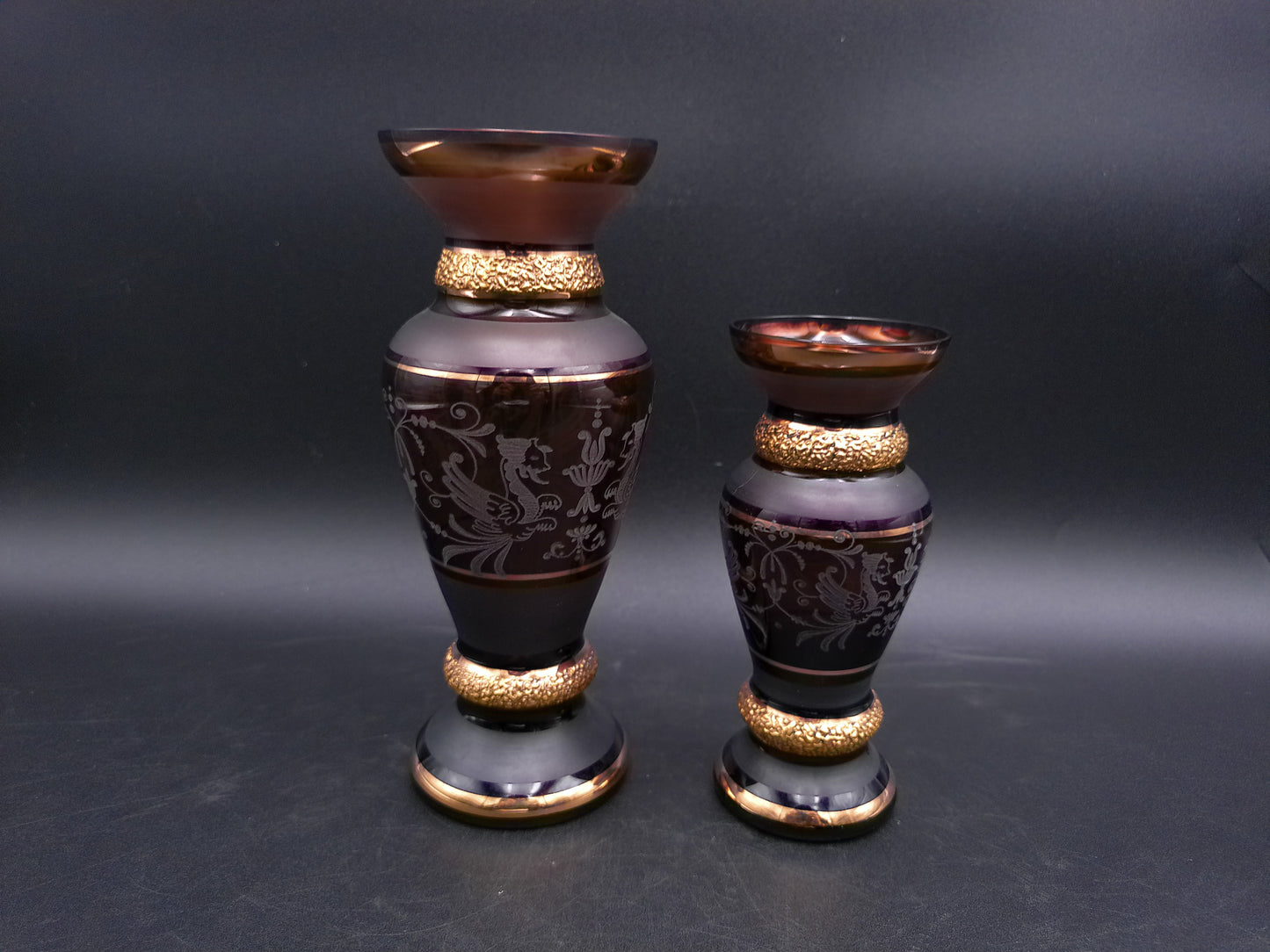 Bohemian Griffon Beautiful Art Glass Amethyst Vase Set of 2 with Gold Gilt