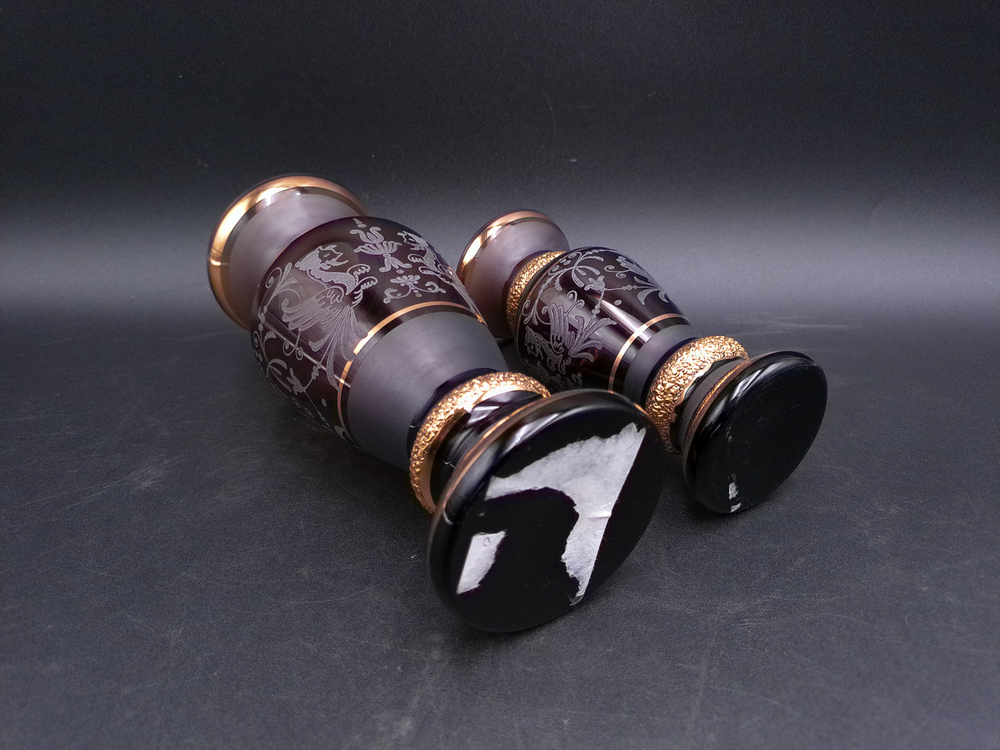 Bohemian Griffon Beautiful Art Glass Amethyst Vase Set of 2 with Gold Gilt