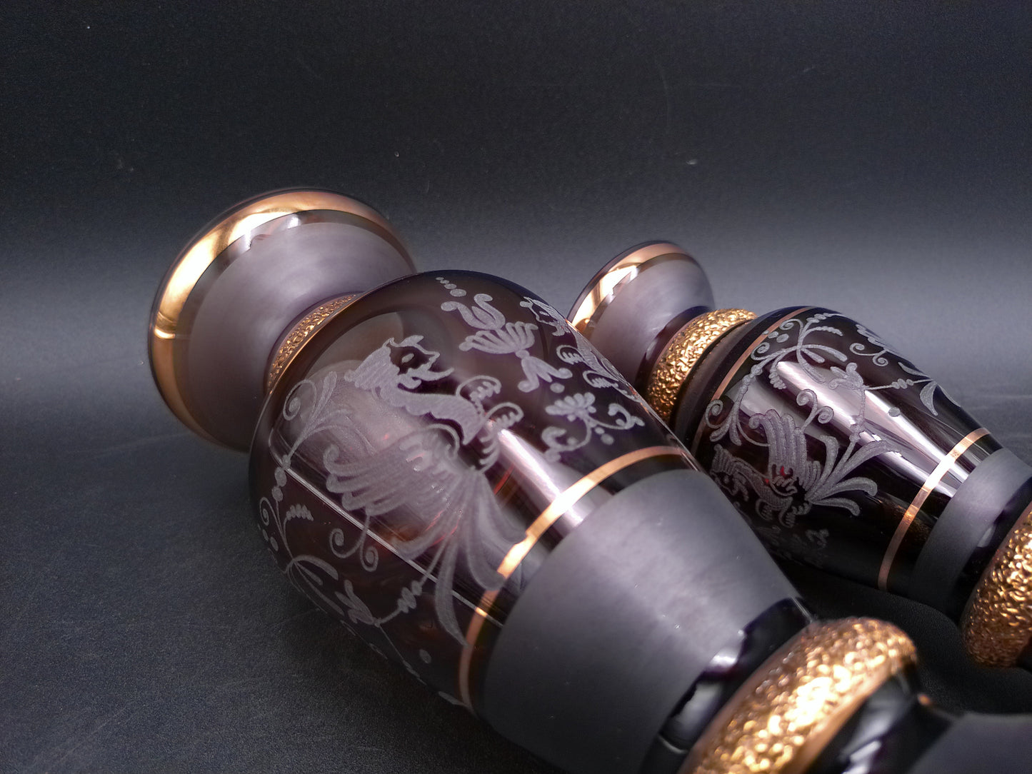 Bohemian Griffon Beautiful Art Glass Amethyst Vase Set of 2 with Gold Gilt