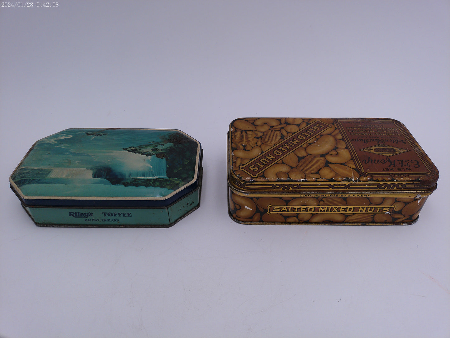 Antique Tin Box Old KEMP'S Salted Mixed Nuts Niagara Falls Riley's Toffee Candy Tin