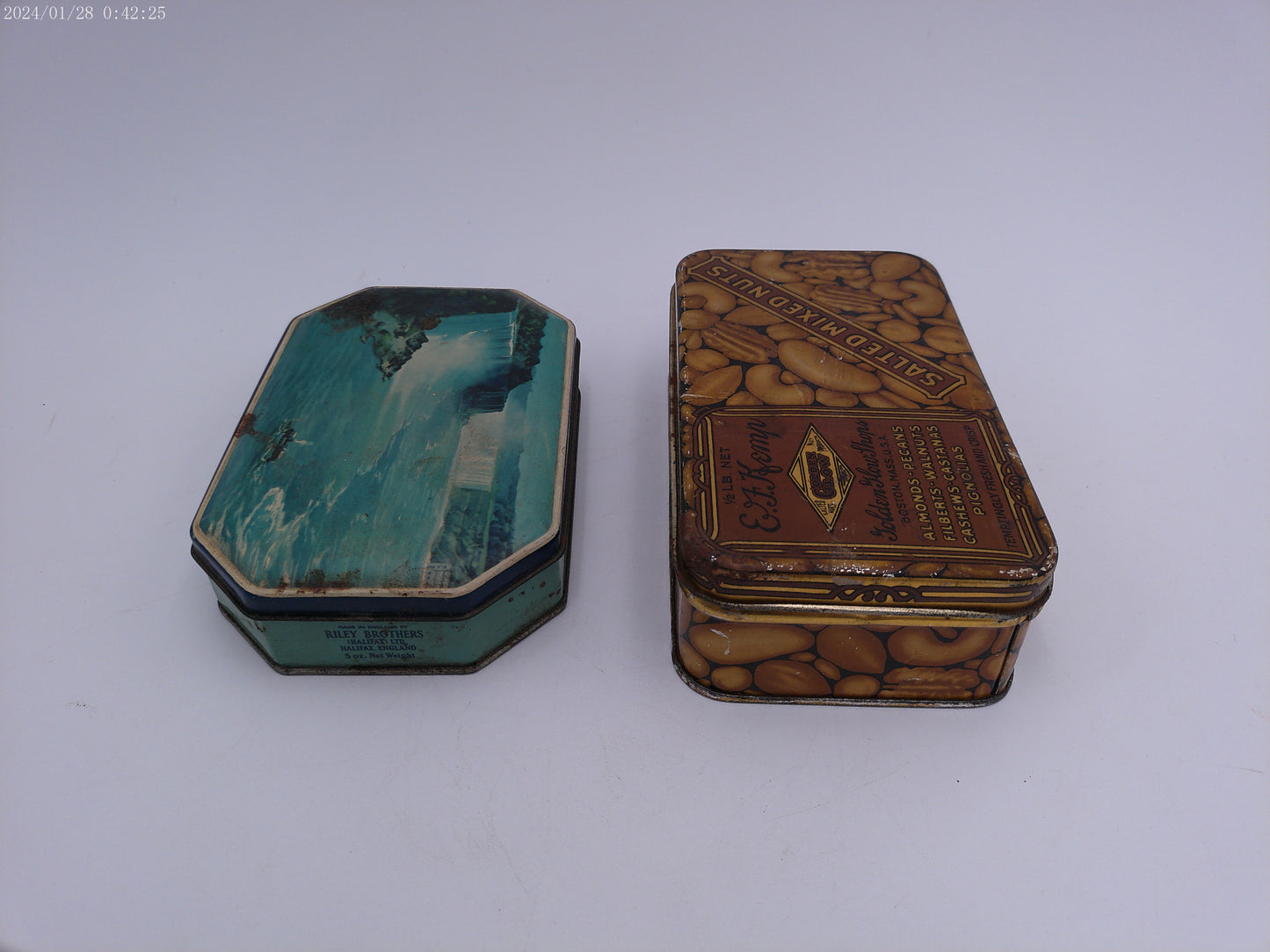 Antique Tin Box Old KEMP'S Salted Mixed Nuts Niagara Falls Riley's Toffee Candy Tin