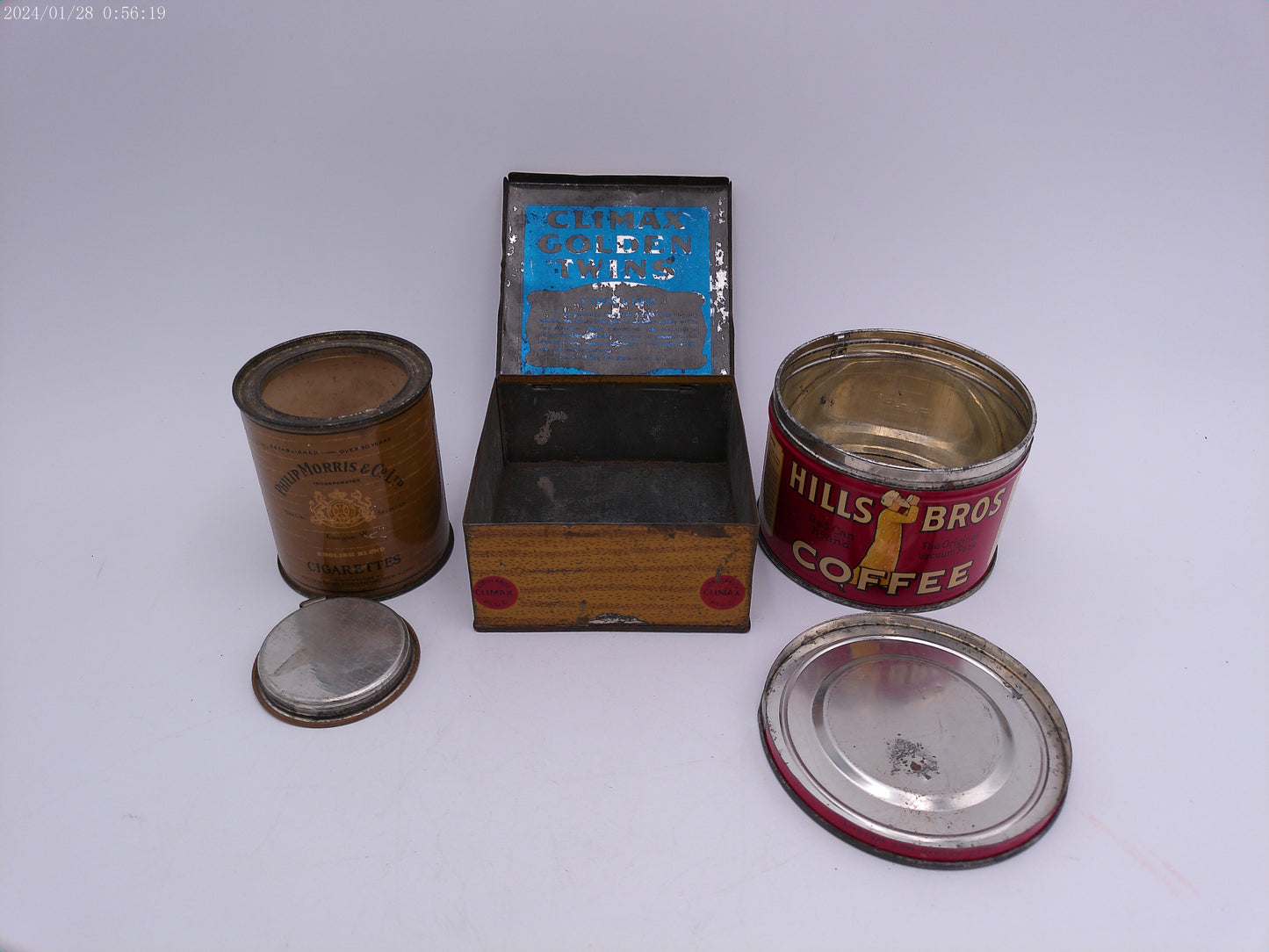 3 Vintage tins PHILLIP MORRIS & Co Climax Golden Twins Hills Bros Coffee