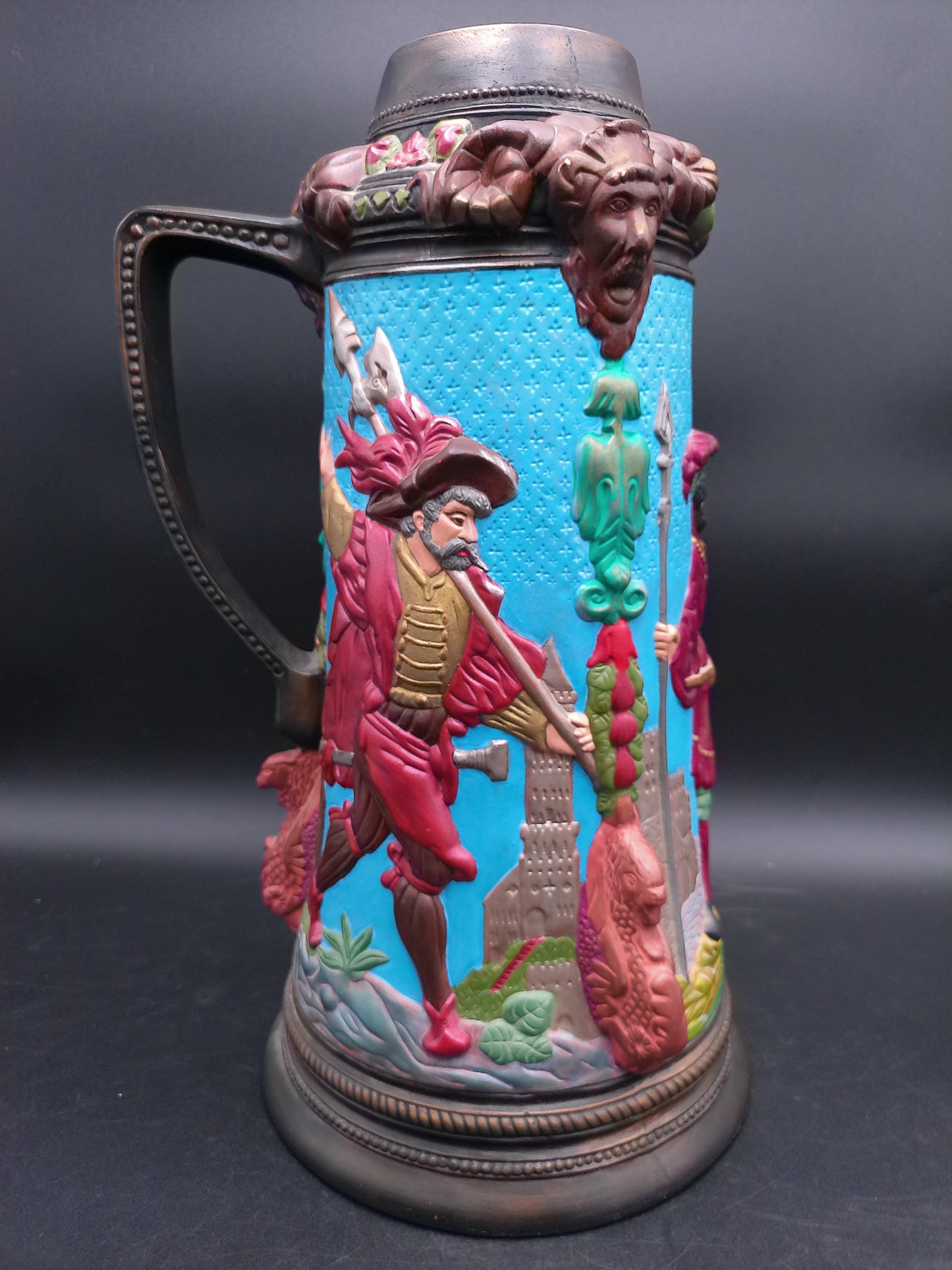 Beer Stein Large Ceramic with Medieval Knights Castles Signed by Mary Murphy