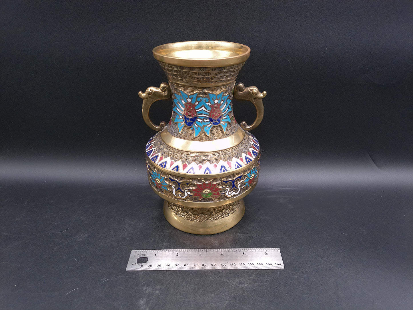 Japanese Japan Enamel Decorative Brass Vase Vintage