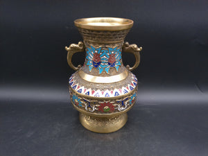 Japanese Japan Enamel Decorative Brass Vase Vintage