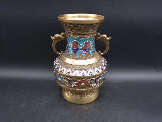 Japanese Japan Enamel Decorative Brass Vase Vintage