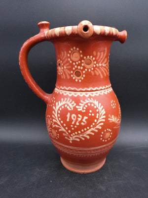Clay Pitcher made in 1975 Hand Painted Floral and Heart Design