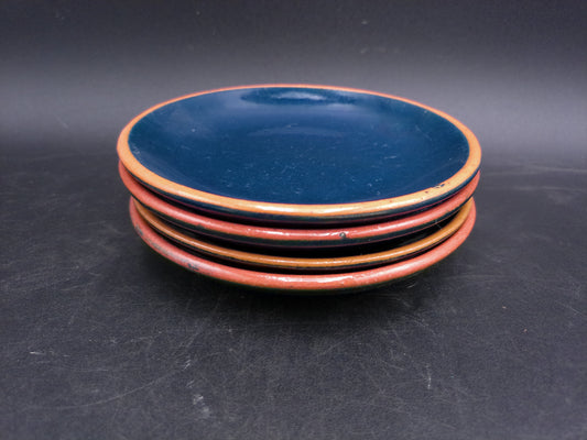 Pottery Juice Berry Blue and Orange Yellow Rim Salad Plate Set of 4 Vintage