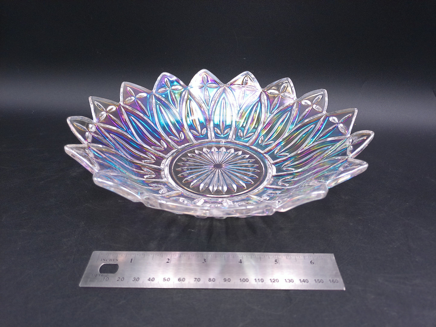 Iridescent Federal Glass Serving Bowl Carnival Glass Etched Scalloped Edge