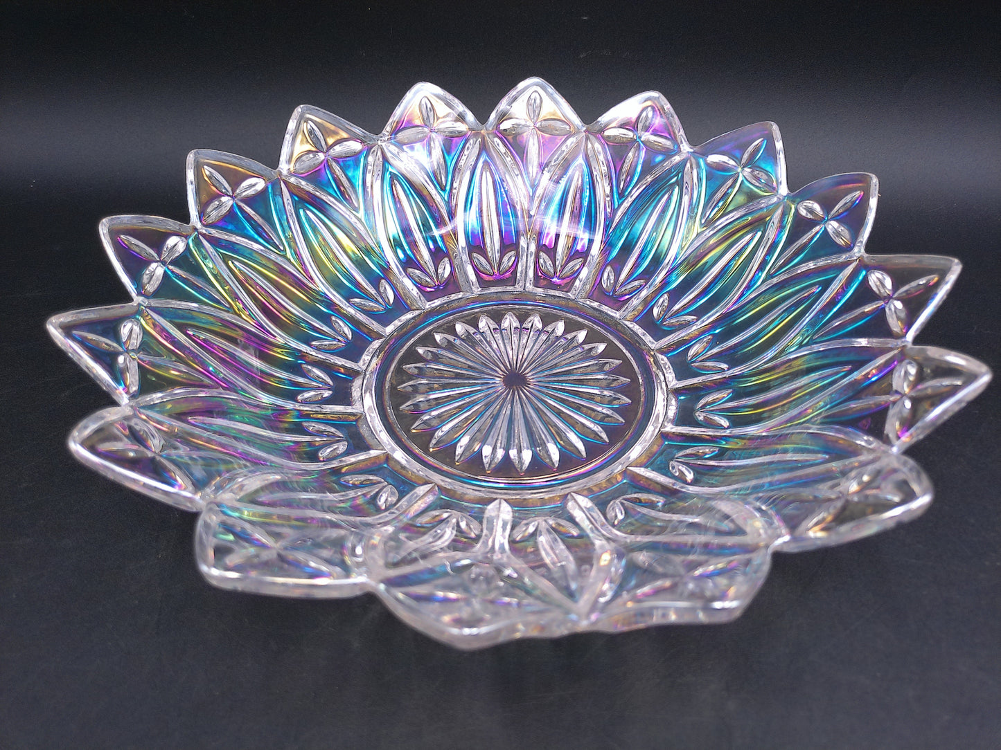 Iridescent Federal Glass Serving Bowl Carnival Glass Etched Scalloped Edge