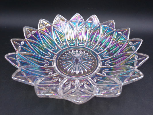 Iridescent Federal Glass Serving Bowl Carnival Glass Etched Scalloped Edge