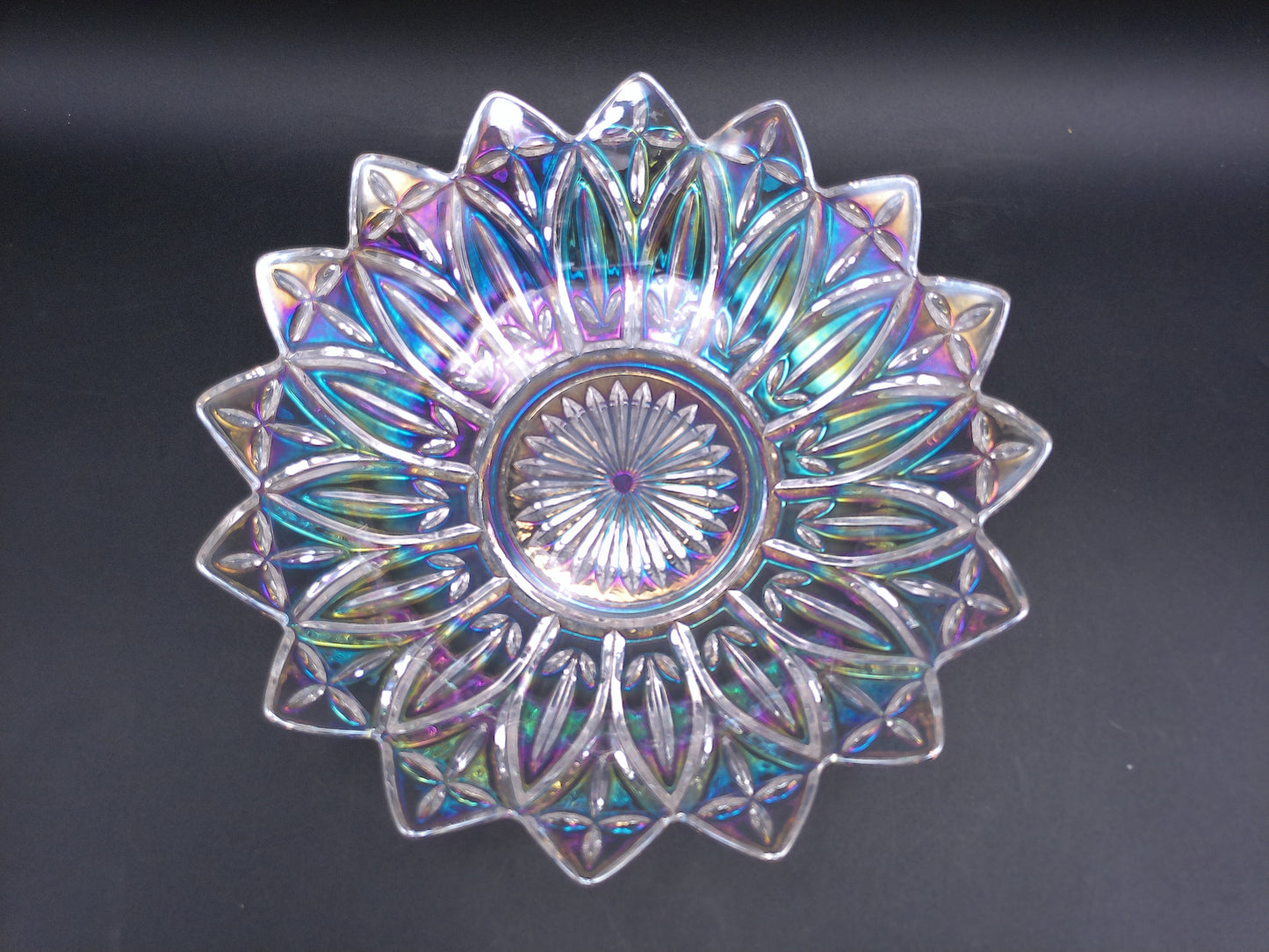 Iridescent Federal Glass Serving Bowl Carnival Glass Etched Scalloped Edge