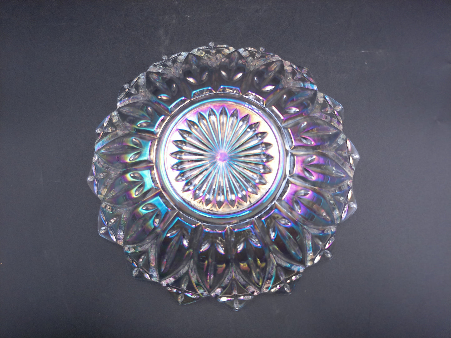 Iridescent Federal Glass Serving Bowl Carnival Glass Etched Scalloped Edge