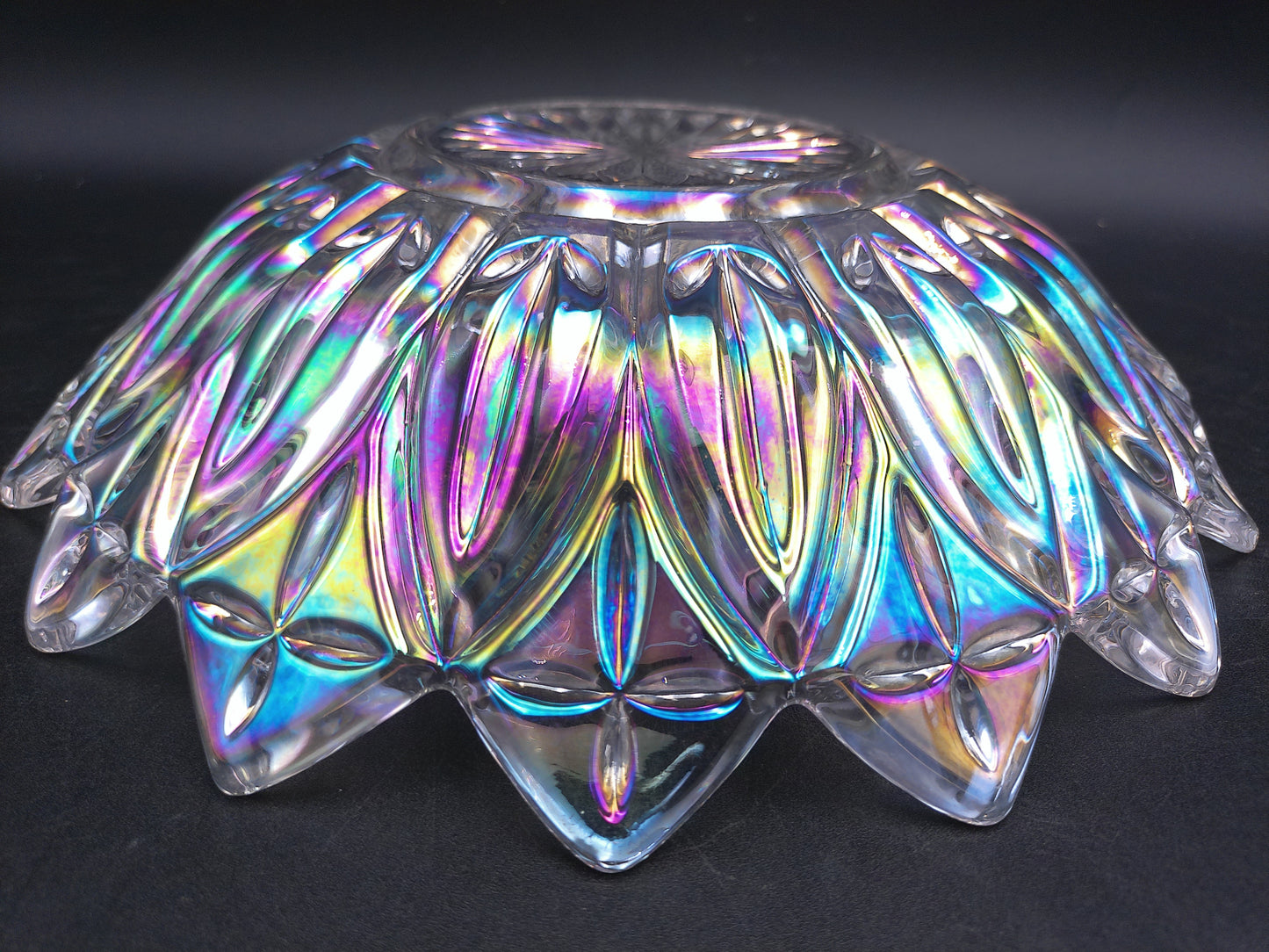 Iridescent Federal Glass Serving Bowl Carnival Glass Etched Scalloped Edge
