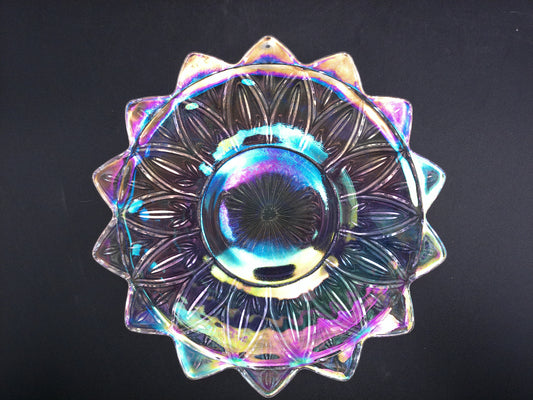 Iridescent Glass Serving Bowl Carnival Glass Etched  Flower Edge Design
