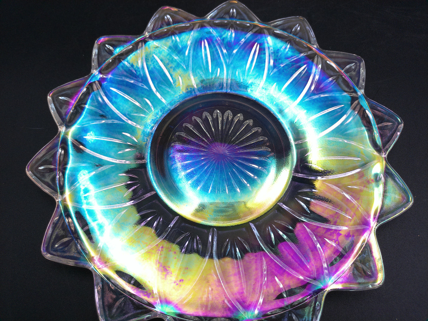 Iridescent Glass Serving Bowl Carnival Glass Etched  Flower Edge Design