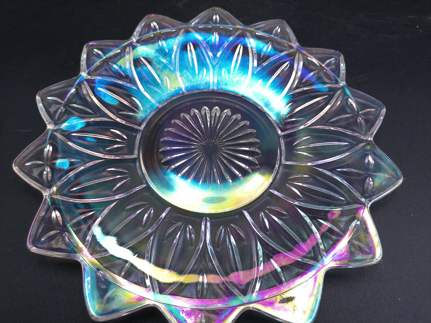Iridescent Glass Serving Bowl Carnival Glass Etched  Flower Edge Design