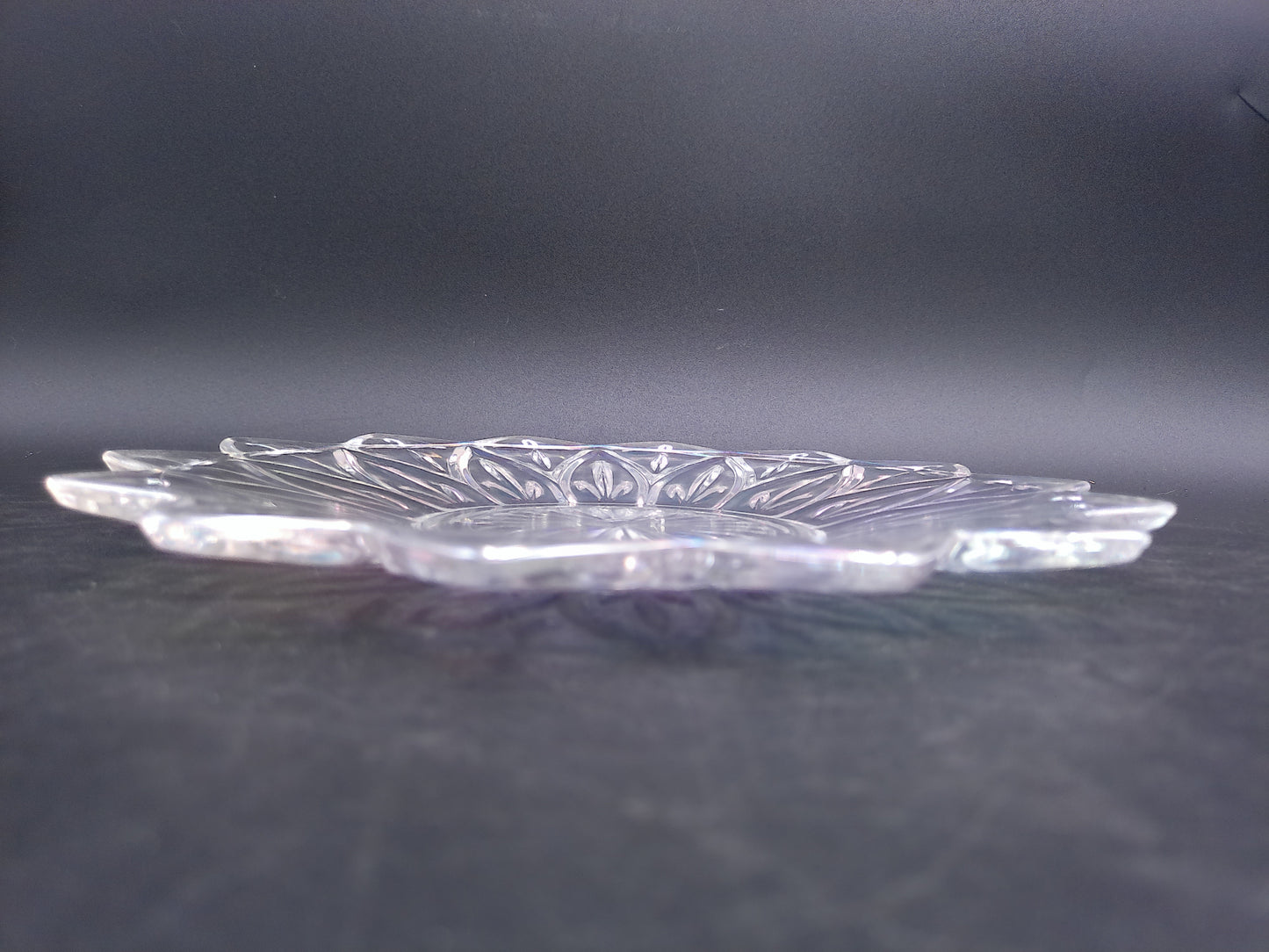 Iridescent Glass Serving Bowl Carnival Glass Etched  Flower Edge Design
