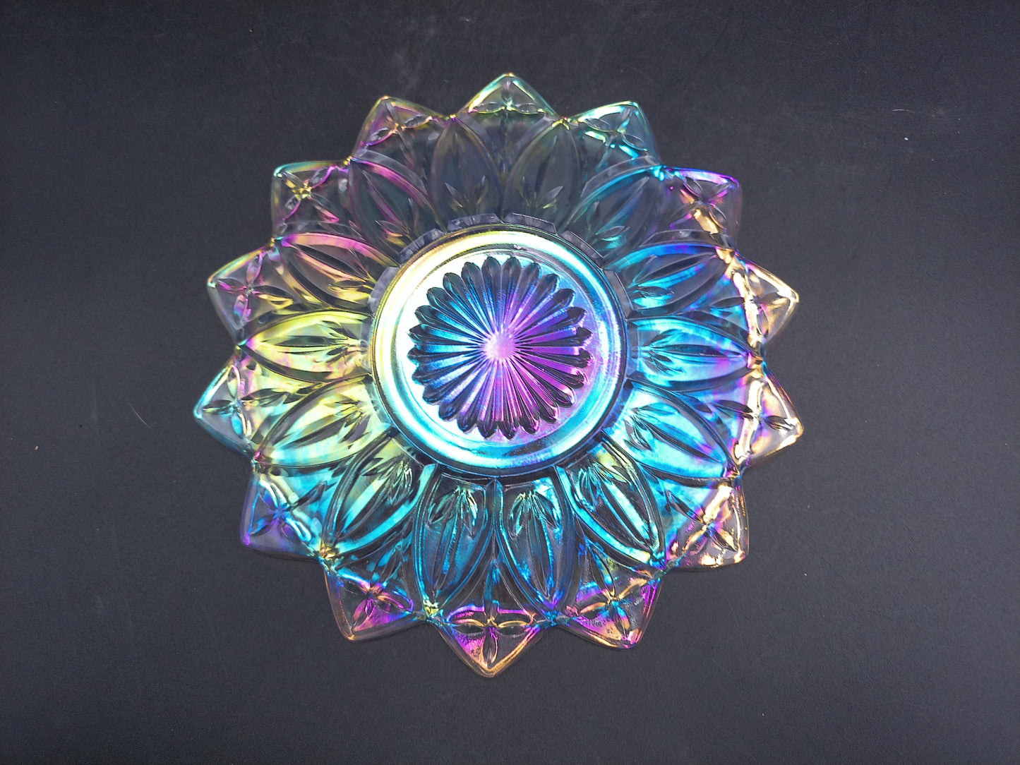 Iridescent Glass Serving Bowl Carnival Glass Etched  Flower Edge Design