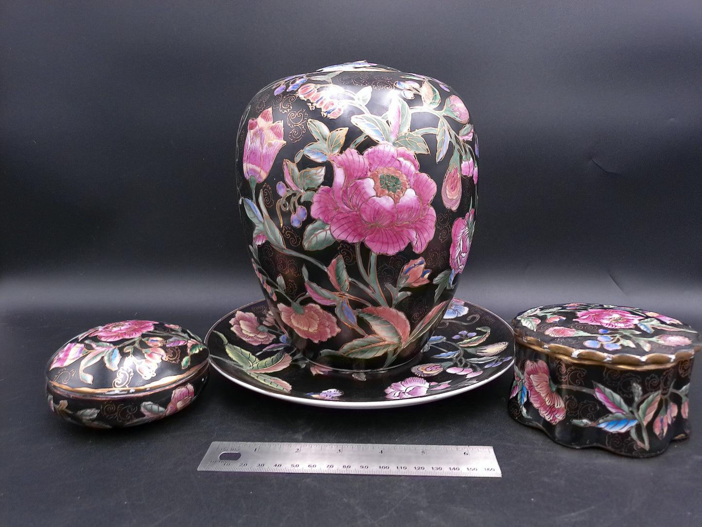 Chinese Stamped Rare Handpainted Porcelain Ginger Vase Jar and two Trinket Jewelry Boxes