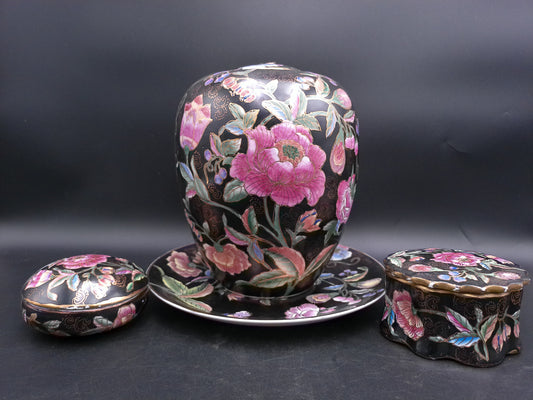 Chinese Stamped Rare Handpainted Porcelain Ginger Vase Jar and two Trinket Jewelry Boxes