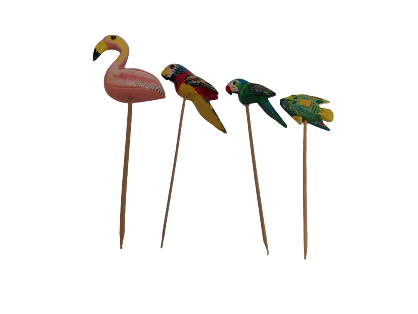 Vintage 4 Colorful Wooden Parrot Picks party Sticks