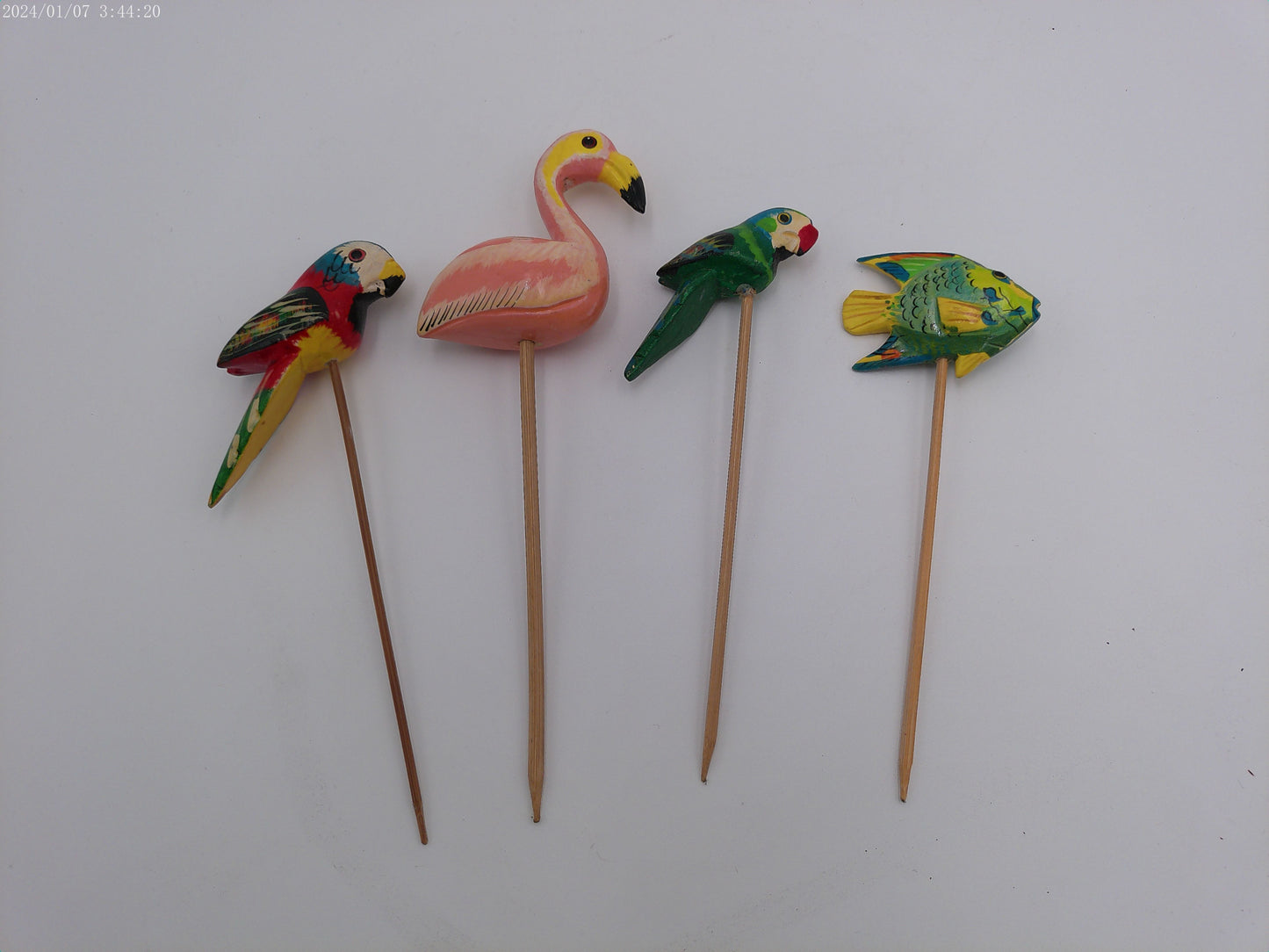 Vintage 4 Colorful Wooden Parrot Picks party Sticks