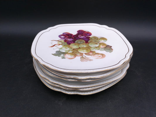 Gold Plated Rim China Plates with Fruit Design A.L.C. Made in Czechosloviakia Set of 6