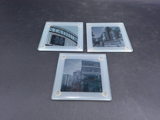 U of M University of Michigan Locations on a  Set of 3  Glass Drink Costers