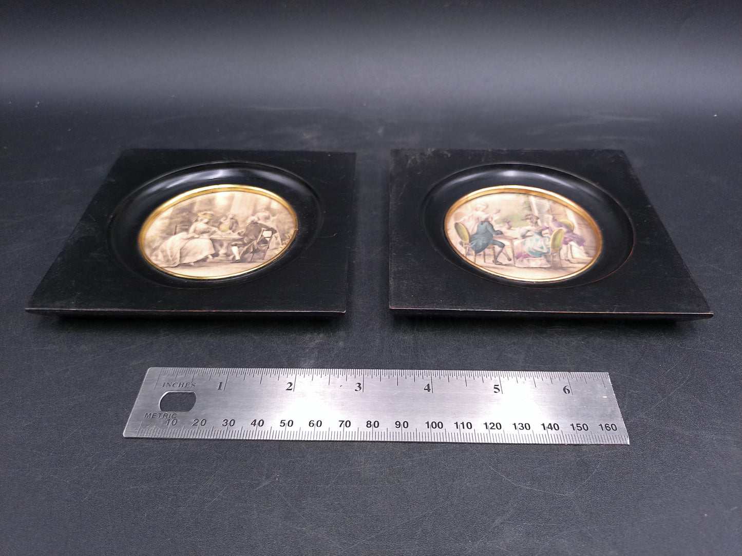 Pair of Minature Pictures With Gold Plated Rings Vintage Raubach & Wiomer St Gallen