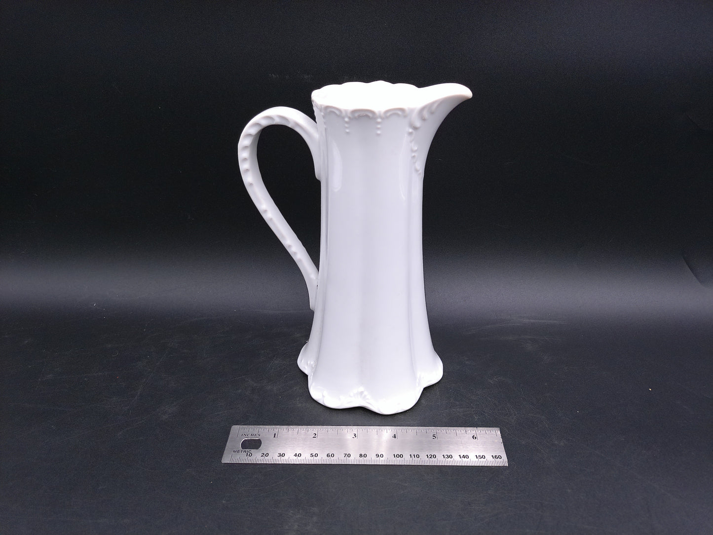 White Embossed Pitcher Decorative Design Vintage