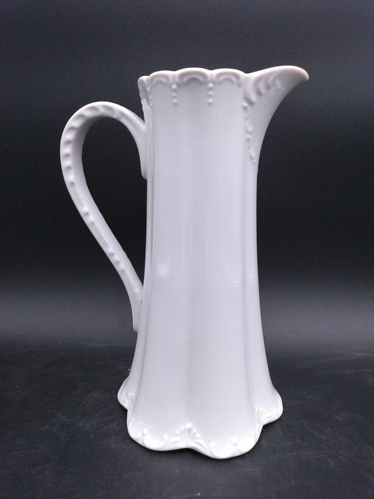 White Embossed Pitcher Decorative Design Vintage
