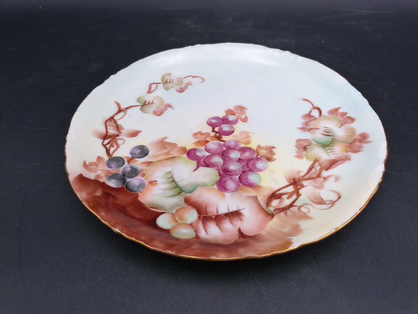Decorative Plate with Hand Painted Graphs 22k Karat Gold Rim Bavarian Porcelain by R.C. Versaille