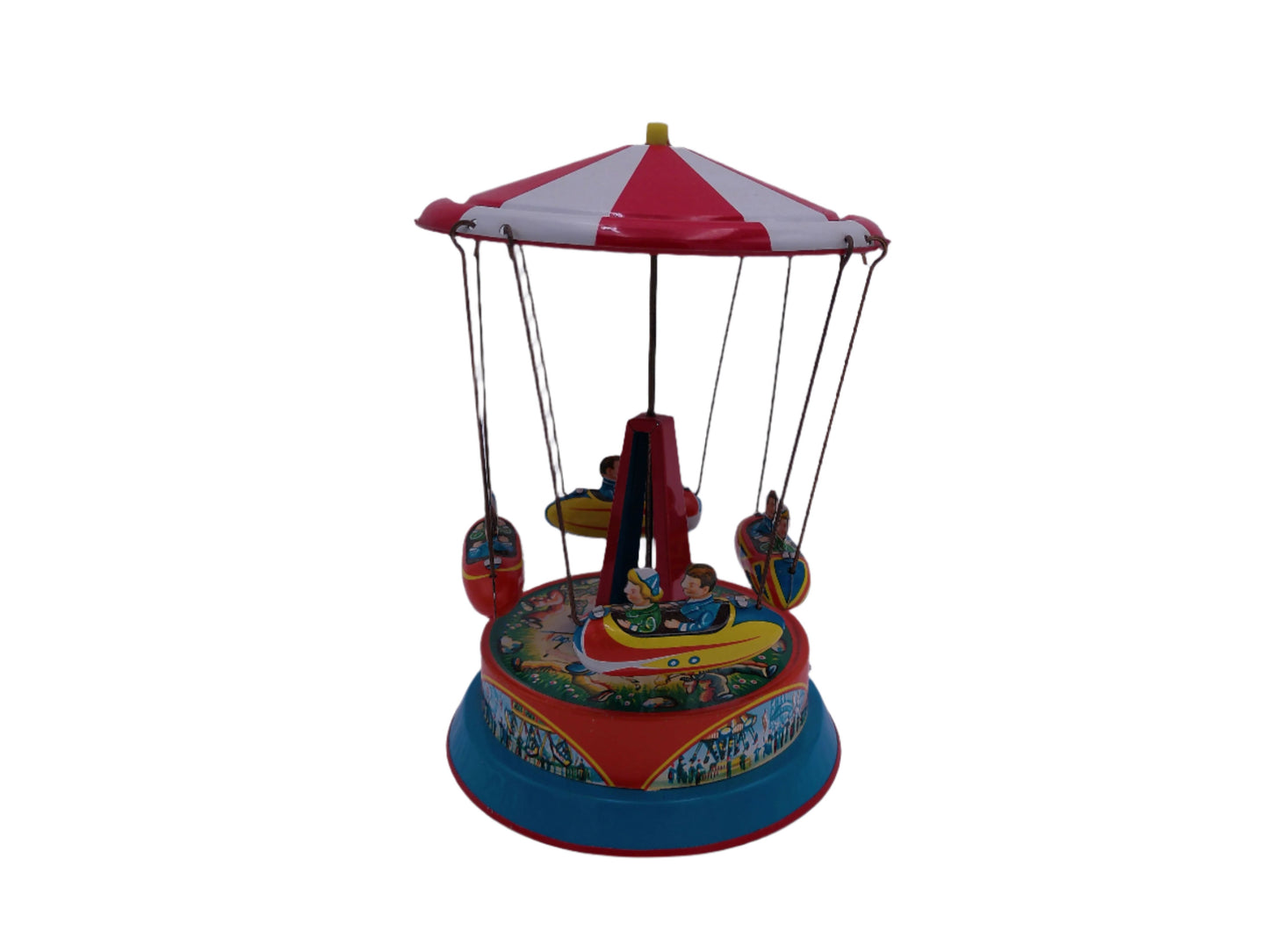 Mechanical Merry Go Round  Roundabout with Gondolas Tin Toy Spins