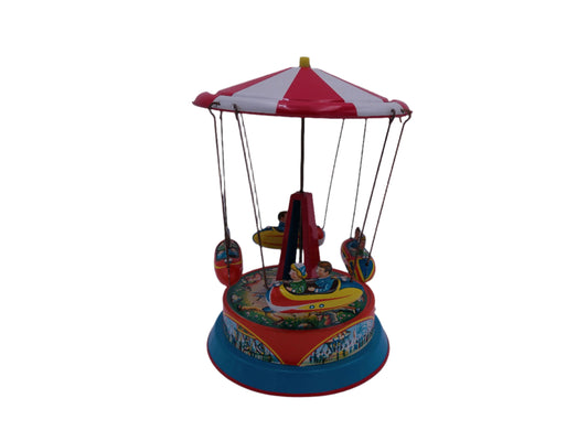 Mechanical Merry Go Round  Roundabout with Gondolas Tin Toy Spins