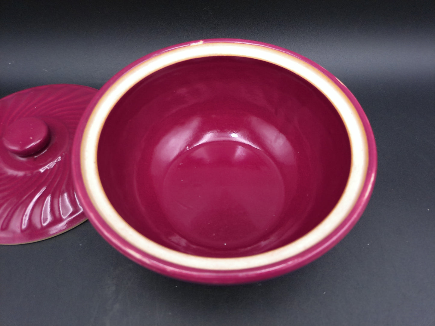 Crock Casserole Baking Dish with Lid Swirl Red Maroon ovenware Made in USA