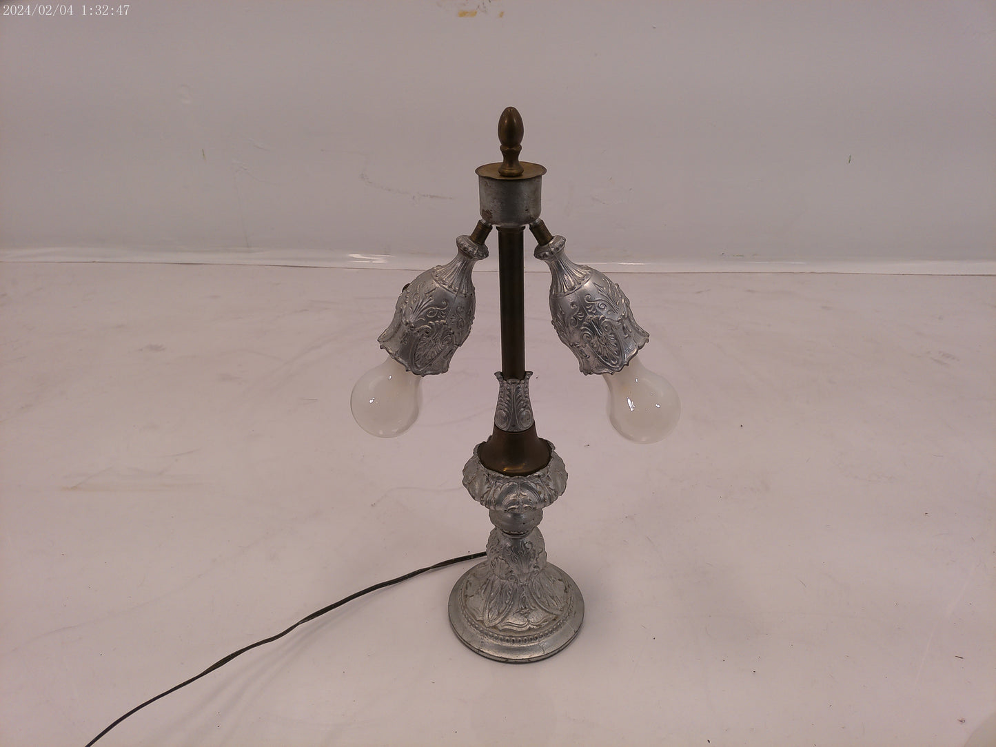 Pewter Colored Patina, Unusual Panels, Intricate Detail Lamp