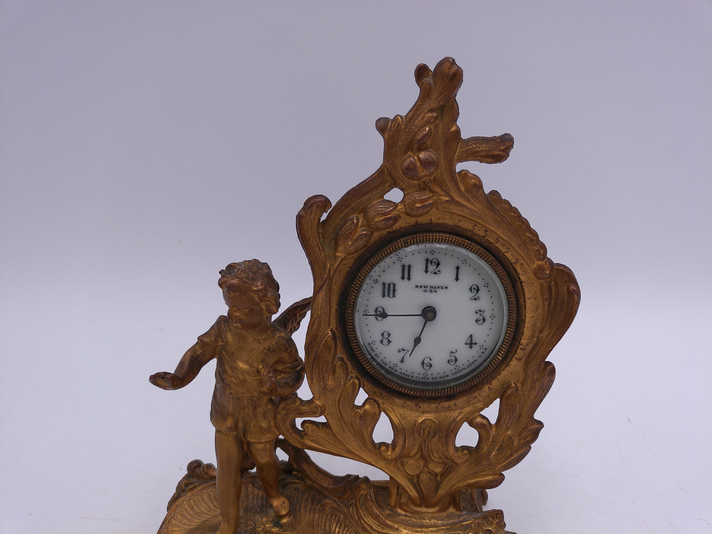 New Haven Clock Co. Gilded Cast Metal  gold painted Clock CHERUBS Antique